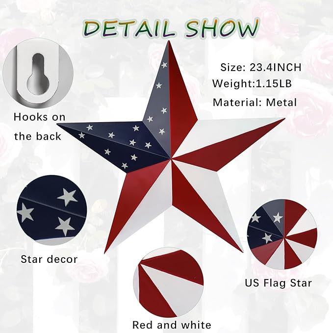 JoyEvy American Barn Star US Flag Stars Indoor Outdoor Decor, Metal Patriotic Star Wall Decoration, Texas Stars for Outside Rustic Vintage Western Country Home Farmhouse Wall Ornament(23.4inch)