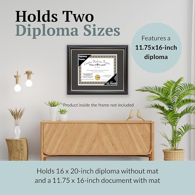 Creative Picture Frames 11.75" x 16" Rockefeller Black w/Gold Rim Diploma Frame, Displays 11.75" x 16" Certificate or 16" x 20" Document w/o Mat, College Degree Frame, Full-Strength Glass, Black Mat
