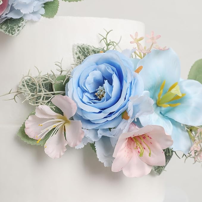 Serra Flora 3Pcs Pre-made Silk Flowers Cake Topper Artificial Blue Wedding Cake Decorating are Perfect for Weddings, Anniversaries,Birthday parties.