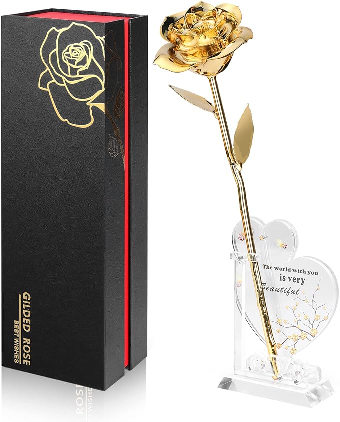 Gold Dipped Rose Real 24K Gold Rose, Genuine One of a Kind Rose Hand Dipped in 24K Golden Roses Romantic Gifts for Women in Her Birthday Anniversary Valentines Day Mothers Day
