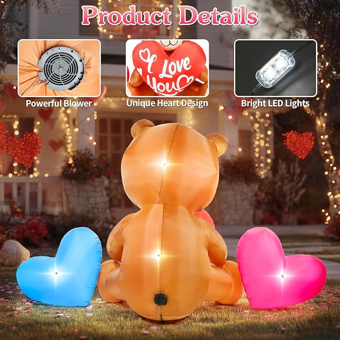LETIME 10.5 FT Long Valentines Inflatables Outdoor Decorations Valentines Day Blow up Bear with Hearts and LED Lights for Holiday Party Outdoor Yard Garden Lawn Wedding Anniversary