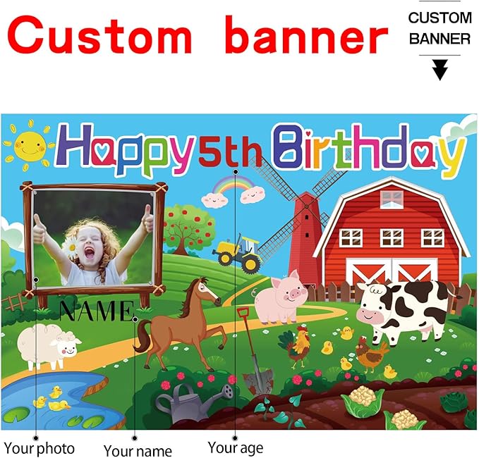 Custom Farm Animal Happy Birthday Party Decorations Supplies Personalized Farm Animal Barn Cow Farmhouse Birthday Backdrop Banner(5x7.5ft)