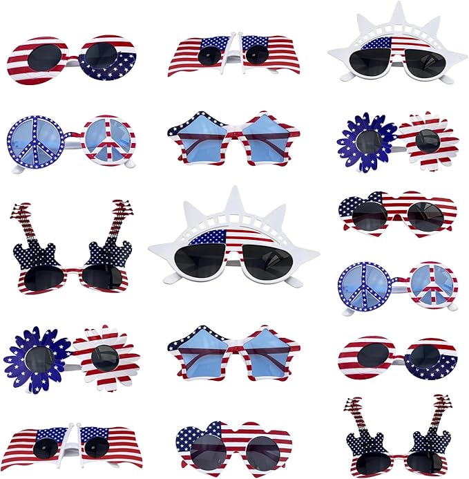 16 Pack American Flag Glasses for 4th of July Party, Patriotic Independence Day Decorations, Red White and Blue Photo Booth Props, Novelty Glasses and Party Supplies