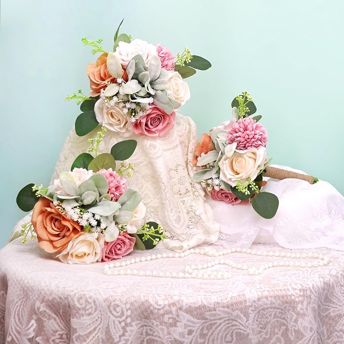 Bridesmaid Bouquets Set of 6 - Blush & Pink Artificial Flowers Bouquet for Bridesmaids Wedding Small Floral Centerpieces for Marriage Proposal Party Anniversary Dining Table Decor -7 Inch