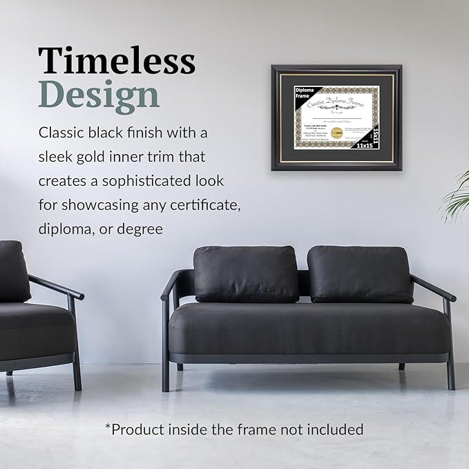 Creative Picture Frames 11" x 15" Rockefeller Black with Gold Rim Diploma Frame, Displays 11" x 15" Certificate or 16" x 20" Document without Mat, College Degree Frame, Full-Strength Glass, Black Mat