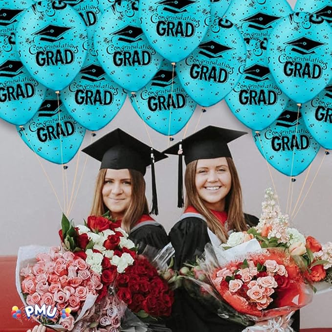 PMU 100 Pcs Turquoise Graduation Balloons Class of 2025 with All-Over Print White Grad Caps-Confetti and Streamers | Graduation Party Supplies | Congratulations Grad Latex Balloons Latex