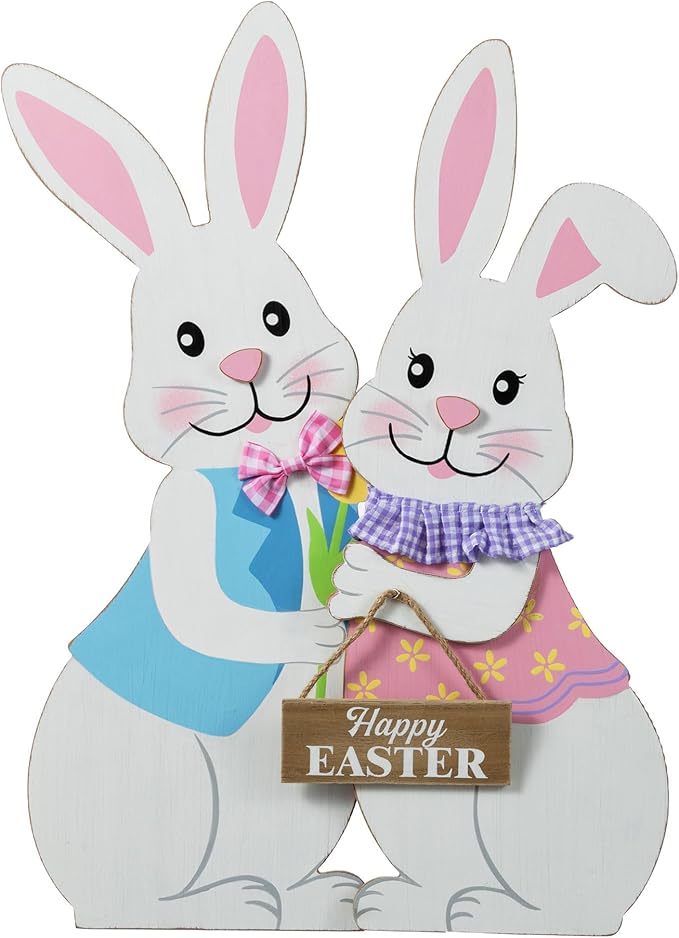 Glitzhome Set of 2 24"H Easter Wooden Bunny Porch Decor,Vertical Welcome Sign for Front Door Outdoor Spring Easter Party Decor