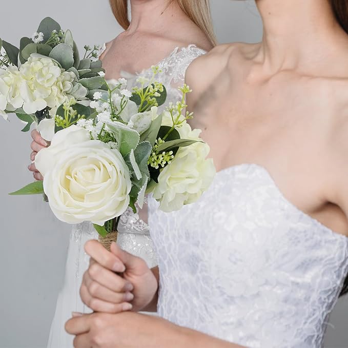 Bridesmaid Bouquets Set of 6 - Ivory White Artificial Flowers Bouquet for Bridesmaids Wedding Small Floral Centerpieces for Marriage Proposal Party Anniversary Dining Table Decor -7 Inch