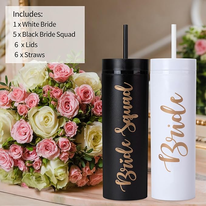 6 Pack Bride to Be Skinny Tumbler | 16 oz Bride Squad Tumblers | Bachelorette Party Cups | Engagement Wedding Gifts Bridesmaids Mugs & Party Supplies (Black)