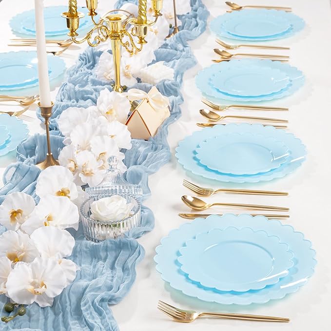 supernal 100pcs Blue Scalloped Plastic Plates-Blue Disposable Plates Heavy Duty-Disposable Plate Set for Party Wedding-Include 50 Plastic Dinner & Dessert Plate Perfect for 50 Guests