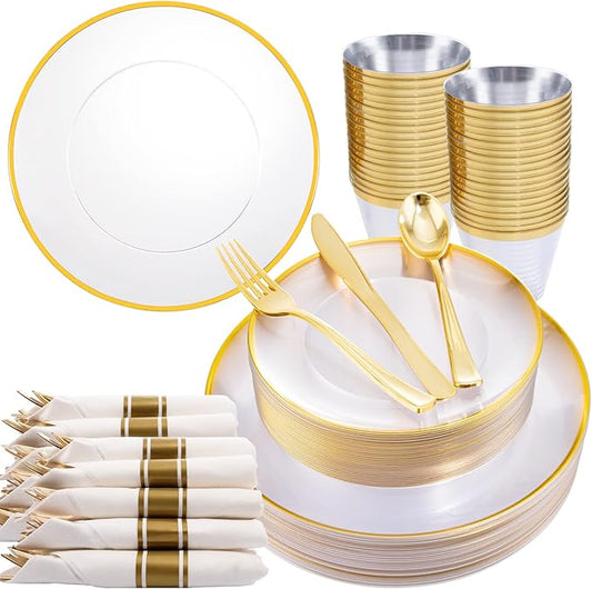 Rubtlamp 140Pcs Gold Plastic Plates, Clear Disposable Plates with Gold Trim, gold Dinnerware Include 20Dinner Plates,20Salad Plates, 20Cups,20Silverware With Pre Rolled Napkins