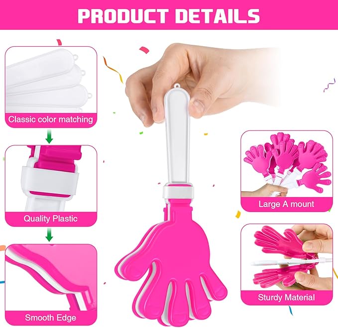 Junkin 48 Pcs Hand Clappers Bulk 7. 5 x 3. 5 Inches Noise Makers Party Favors Clapping Noise Maker Clacker for Birthdays Game Prizes Rewards Football Sporting Events Cheers Supplies (Pink,White)