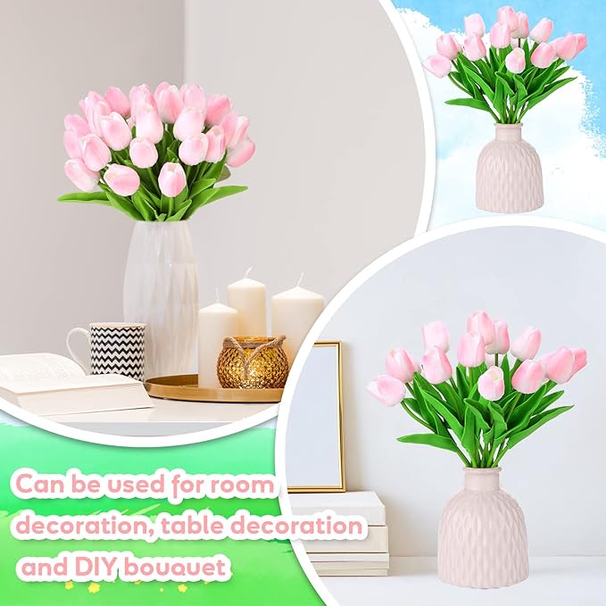 Jexine 100 Pcs Artificial Real Touch Tulips Fake Artificial Tulip Flower Bulk Bouquet with Stem for Table Centerpieces Wedding Bridal Easter Mother's Day Garden Home Decor, 13.4''(Pink)