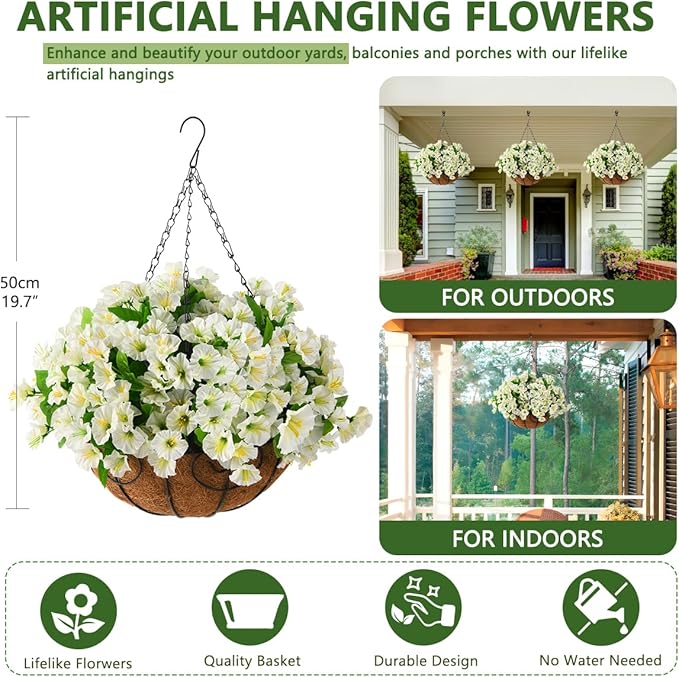 Homsunny Artificial Fake Hanging Flowers Plants Basket for Outdoors,Artificial Petunias for Outdoor Fake Silk Flowers Porch Patio Courtyard Spring Summer Decor(Green White)