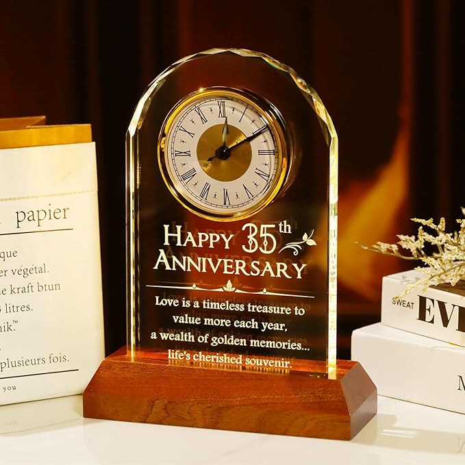 YWHL 35th Wedding Anniversary Clock Gifts for Couple, 35 Years for Wife Husband, Table Clock Glass Presents with Wooden Light Base for HomeDecoration (Battery not Included)