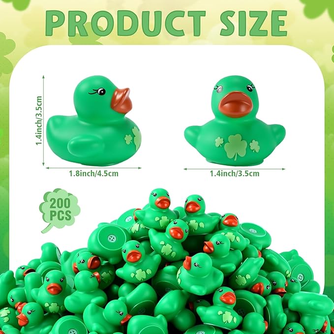 200 Pcs St. Patrick's Day Rubber Ducks Green Shamrock Rubber Duck 1.4 Inch Mini Float Toys for Pool Irish Party Favors Birthday Gift Exchange
