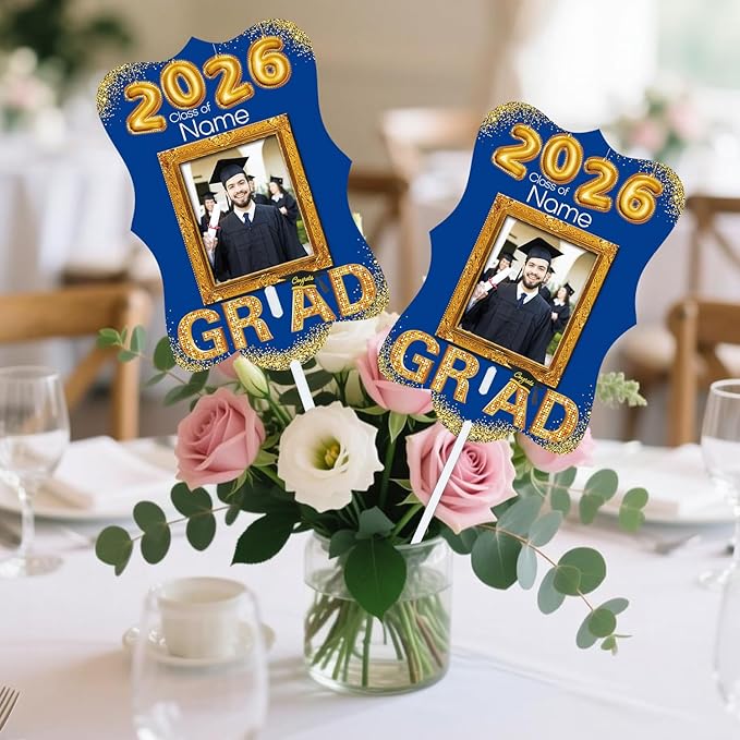 Personalized Graduation Double Sided Face Fan Class of 2026 Customized Graduation Head Face Cutout with Handle Fun Photo Prop Supplies(A-Blue and Gold,24pcs)