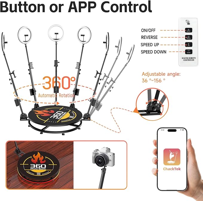 360 Photo Booth Machine with Software App Remote Control 360° Auto Slow Rotation Shooting for Events, Weddings and Parties, Standing for 3-5 Person（32in-CD+Flight Case）