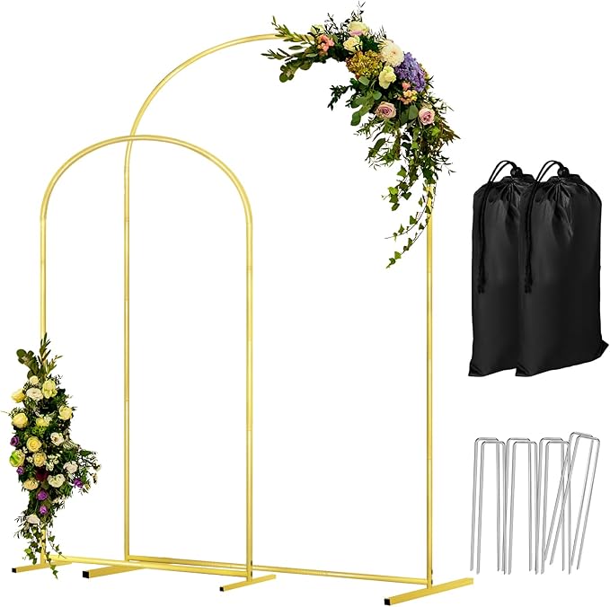 Gold Arch Backdrop Stand Set of 2 Metal Wedding Arch Stand 7.2FT & 6FT Balloon Backdrop Frame for Birthday Party Wedding Graduations, Holiday Ceremony - Ideal for Flowers and Garden Decor