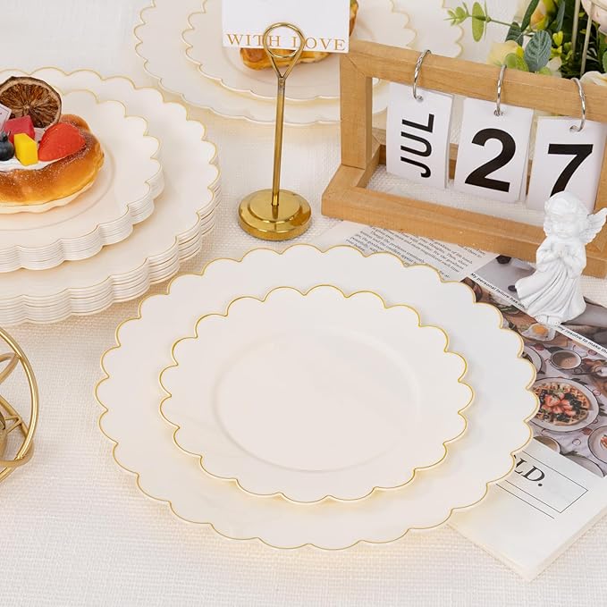 supernal 100pcs Ivory Plastic Plates,Gold Scalloped Disposable Plates,Heavy Duty Plastic Plate Including 50pcs Ivory Dinner & Dessert Plate,Fancy Disposable Platos Perfect for Party,Wedding,Birthday