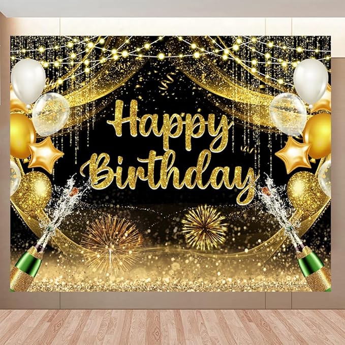 ChloropLastid Happy Birthday Backdrop 10x8ft Black and Gold Vinyl Birthday Photography Background Banner for Party Decoration Supplies