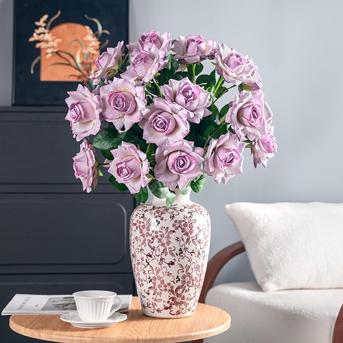 Artificial Flowers Artificial Roses Fake Roses 23.2In Long Stem Artificial Flowers for Tall Vase Silk Rose 20PCS Suitable for Wedding Party Decor Valentine's Day DIY Bouquet Spring (Purple)