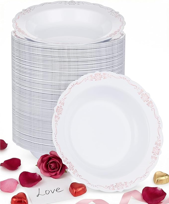 100 Pack White Plastic Bowls with Rose Gold Rim, 12oz Plastic Dessert Bowl, Bowls Disposable Heavy Duty for Hot Soup, Dessert, Salad, Cake, Ice Cream, Fruit for Valentine's Day