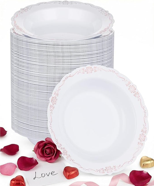 100 Pack White Plastic Bowls with Rose Gold Rim, 12oz Plastic Dessert Bowl, Bowls Disposable Heavy Duty for Hot Soup, Dessert, Salad, Cake, Ice Cream, Fruit for Valentine's Day