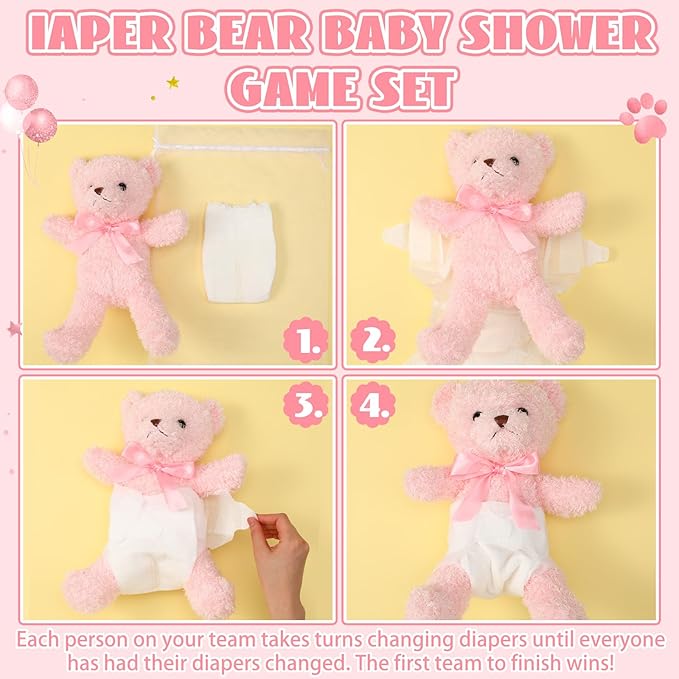 6 Sets Bear Blindfolded Diaper Changing Baby Shower Games Baby Dolls Diapers for Bridal Shower Gender Reveal Games Prizes Gifts for Adults Boys Girls (Pink)