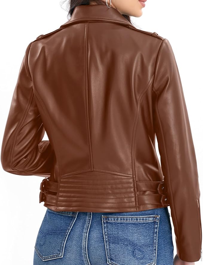 SILVER FASHIONS Lambskin Leather Jacket Women,Motorcycle Jacket,Asymmetrical Zip Style,Buckle Belts,Quilted Details