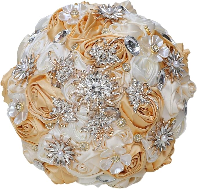Handmade Bridal Wedding Bouquet with Luxury Gold Brooch Bling Rhinestone for Bride Bridesmaid Quinceanera Satin Rose Flower Bouquet Wedding Khaki Champagne and Ivory 8.7in