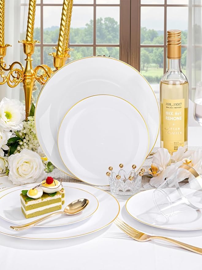 WDF 300PCS White and Gold Plates - Wedding Plastic Dinnerware Set for 50 Guests Include 50 Dinner & 50 Cake Plates, 50 Cutlery, 50 Cups for Wedding Birthday Valentine's Day