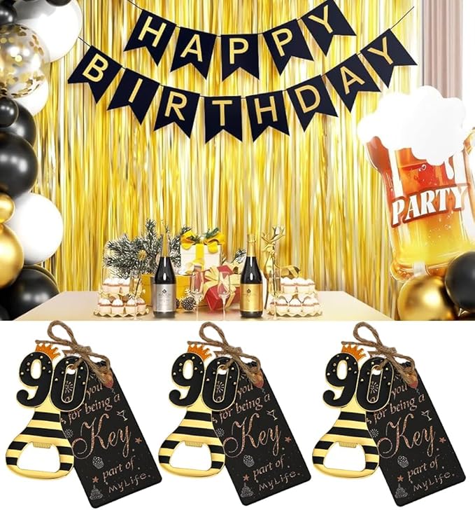 24pcs 90th Gold Keychain Bottle Opener 90th Birthday Party Favors, 90 Keychain Beer Bottle Opener Favors Anniversary Souvenirs Return Gifts for Guests Party Decor Supplies (black 90)