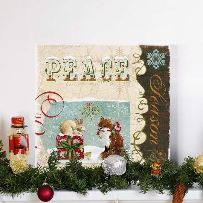 Renditions Gallery Christmas Peace Wall Art, Cute Winter Decor, Festive Rabbit, Fox, and Bird with Present, Premium Gallery Wrapped Canvas, Ready to Hang, 16 in H x 16 in W, Made in America