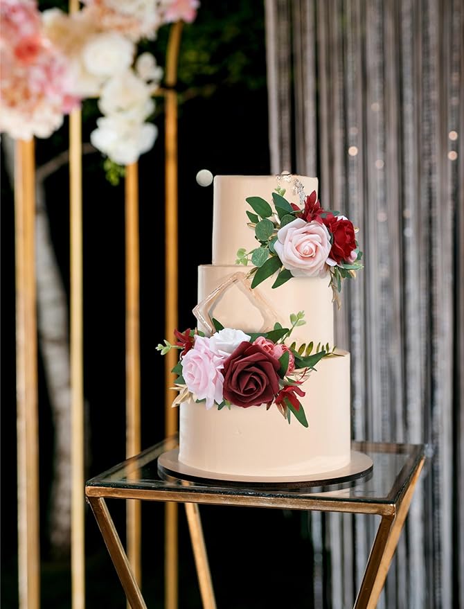 Marriwise 3Pcs Pre-made Cake Toppers Flowers, Burgundy Red Wedding Cake Decoration,Artificial Flowers Decor for Wedding Ceremony Anniversary,Birthday Party,Outdoor Forest (Burgundy Red)