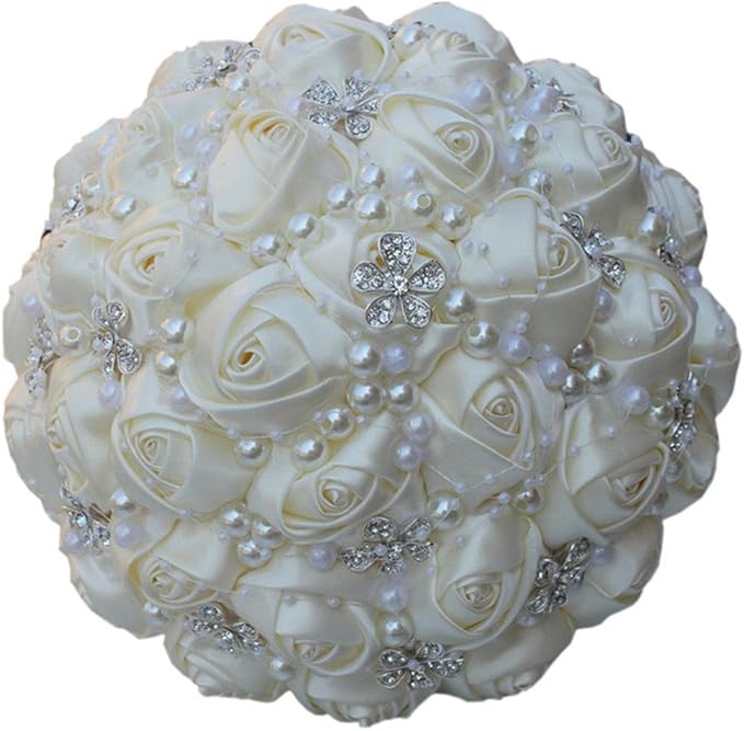 S_SSOY Hand Made Shining Crystal Rhinestones Pearl Silk Rose Bridesmaid Bridal Artificial Bouquets Customization Bride Holding Bouquet Wedding with Corsage Flower, A-018, White
