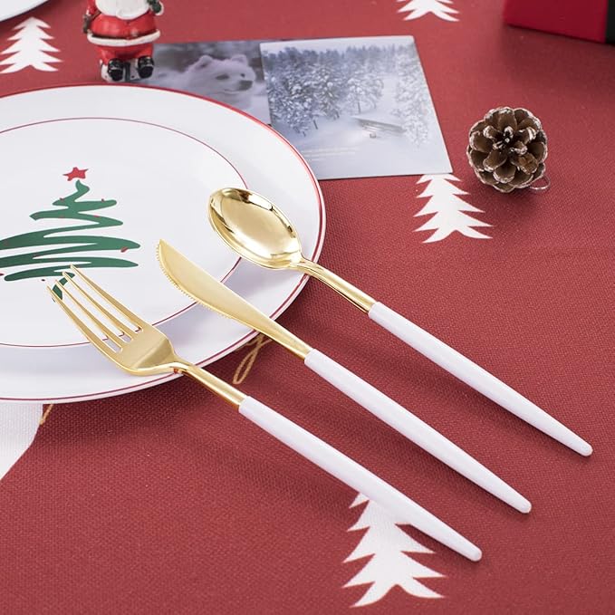 LIYH 150 Pcs Plastic Christmas Disposable Dinnerware Set, Disposable Christmas Plastic Plates with Red Rim, Gold Cutlery with White Handle, Tableware Dishes for Xmas Day 30 Guests