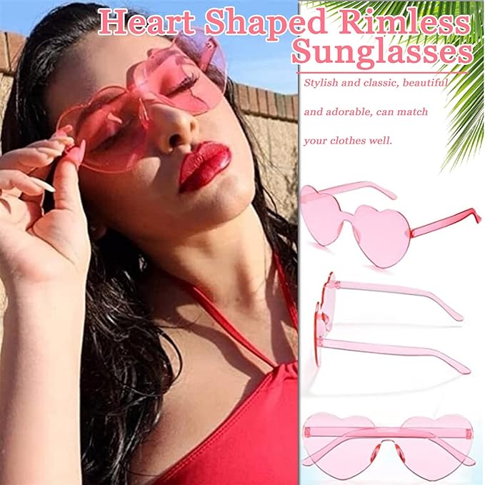 Zhengmy 60 Valentine's Day Heart Shaped Sunglasses Bulk for Women Rimless Transparent Candy Color Glasses for Party Favors