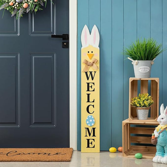 Glitzhome 42"H Wooden Double-Sided Easter Welcome Porch Sign with Bunny Ears Vertical Welcome Porch Décor Hanging Signs for Front Door or Indoor Home Decor