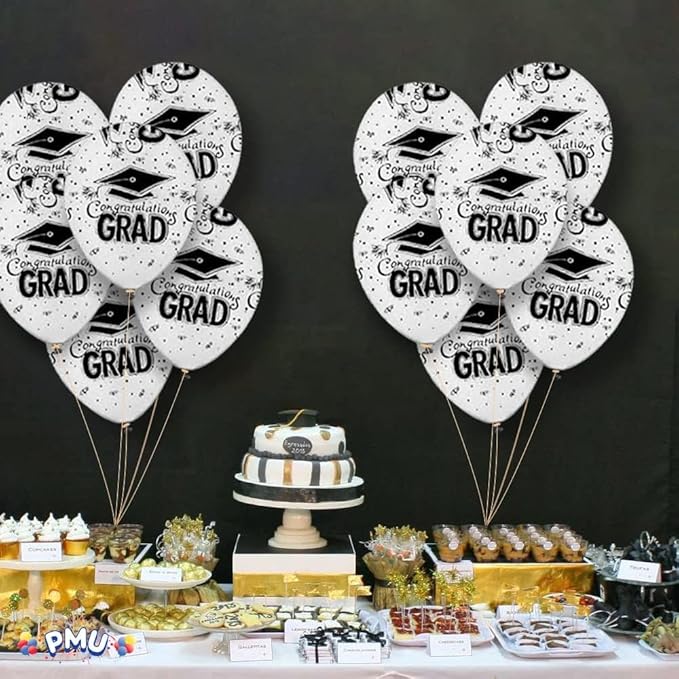 PMU White Graduation Balloons Class of 2025 with All-Over Print White Grad Caps-Confetti and Streamers | Graduation Party Supplies | Congratulations Grad Latex Balloons Latex
