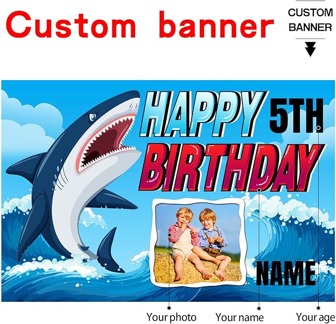 Custom Shark Happy Birthday Party Decorations Supplies Personalized Shark Ocean Themed Birthday Backdrop Banner(5x7.5ft)