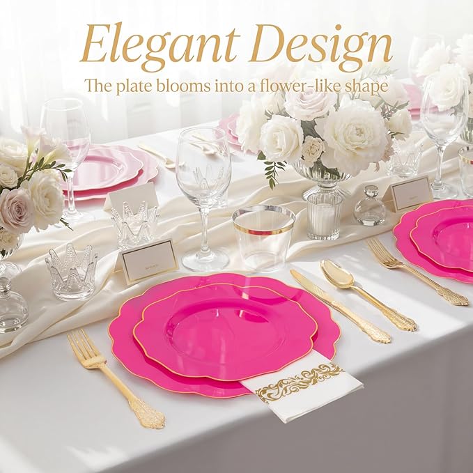 NOCCUR 175PCS Hot Pink Plastic Plates with Gold Disposable Silverware - Include 50 Hot Pink Plates,25 Knives,25 Forks,25 Spoons,25 Cups and 25 Napkins - Ideal for Party/Valentines & Galentines Day