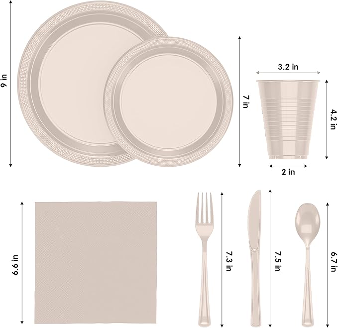 350 Pcs Ivory Plastic Plates For Party, Ivory Disposable Plates Set, 50 Of Each 9" Dinner Plate Set, 7" Dessert Plate, Cups, Napkins & Cutlery Plastic Dinnerware Exquisite