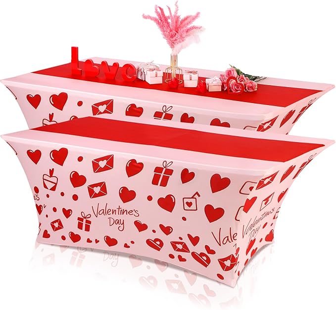 Oudain 2 Pcs Valentine's Day Stretch Table Cover 6 Feet Red Heart Valentine's Day Spandex Table Clothes Sport Theme Party Decorations for Holiday Party Celebration Picnic Dinner Decor