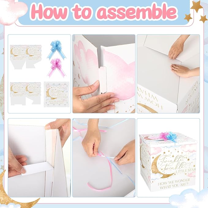 AmazingSpark 28in Jumbo Gender Reveal Gift Box Kit with Oversized Box Giant Pull Bows for Gender Reveal Baby Shower Birthday Party Decor (Twinkle Little Star)