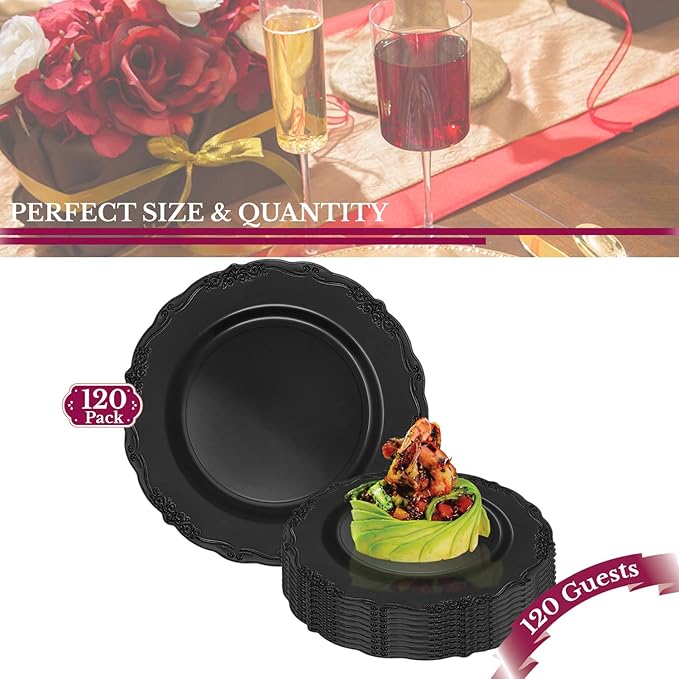 Elegant Plastic Plates, Disposable Dinnerware Sets, Plastic Dinner Plates, Disposable Plates for Party, Disposable Plastic Plates, Party Plates (Black, 120 Plates (7.5" Salad Plates))