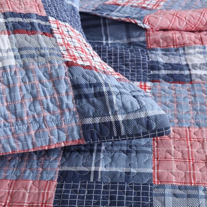 Cotton Bedding Quilt Sets Reversible All Season Real Patchwork Coverlet Sets All Season Blue Bedspread, Houndstooth Plaid Pattern, King Size