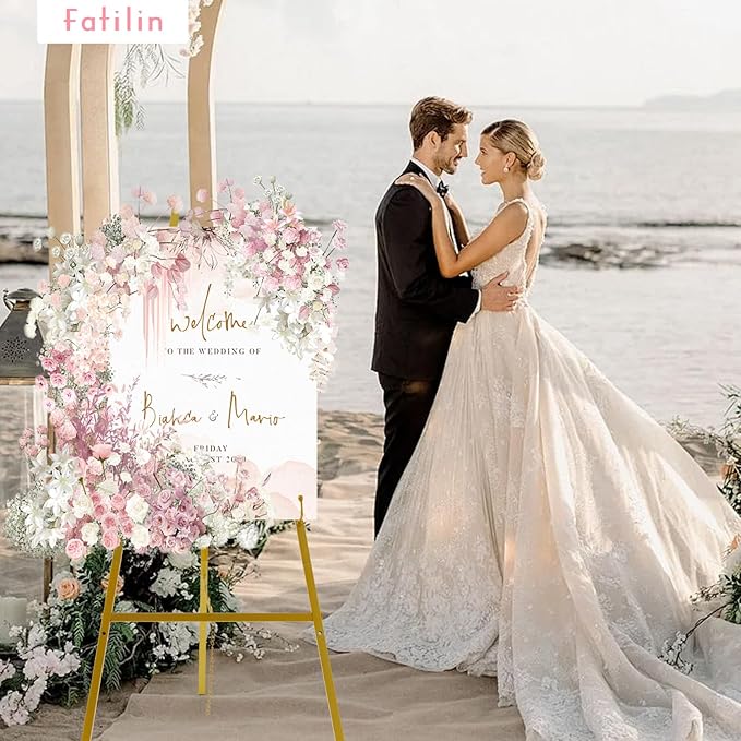 Gold Easel Stand for Sign–Adjustable Floor Heavy Duty Metal Display Easel for Wedding Signs, Art, Posters, Pictures Welcome Signs 4-Tier Height Commercial Display Easel for Parties & Galleries