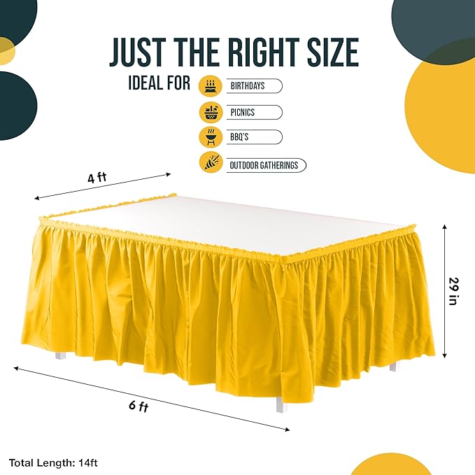Exquisite Ruffle Table Skirt Yellow 12 Pack 14 Ft Long for Rectangle 6ft Plus or Round Tables With Adhesive Strip for Gender Reveal Decor & Happy Birthday Parties