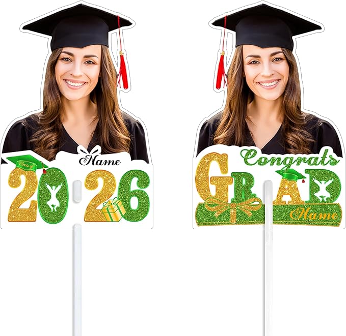 Personalized Graduation Face Fan 2026 Grade Custom Double Sided Face Cutout Fan with Handle Photo Booth Prop Party Supplies(B-Light Green and Gold,24pcs)